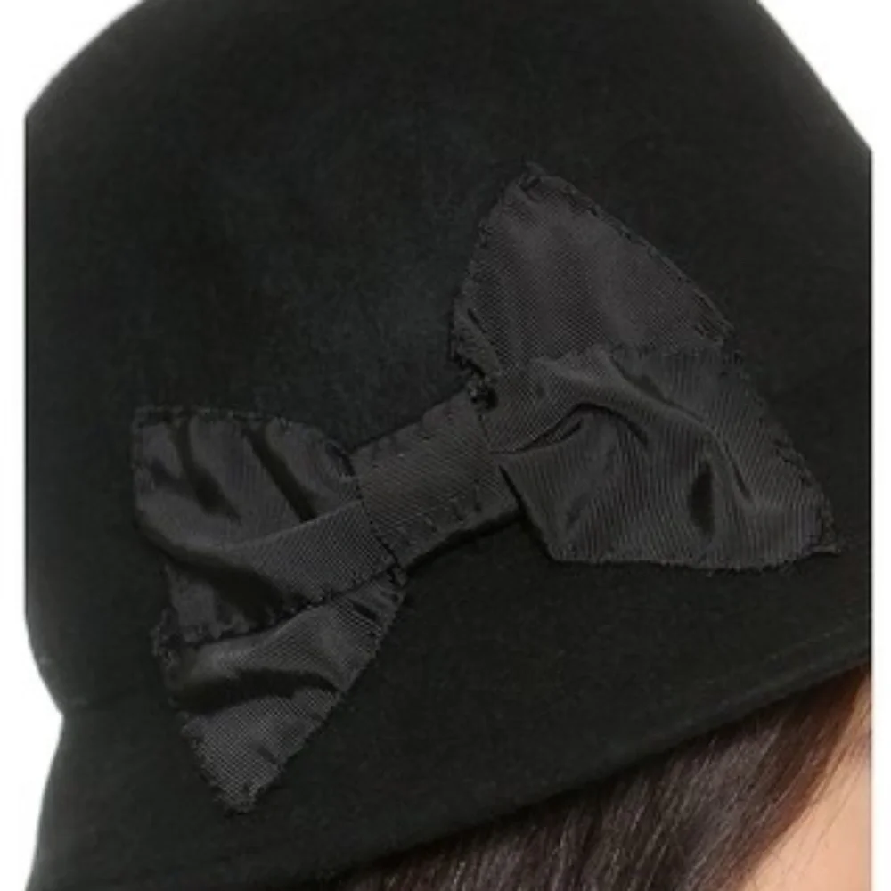 Kate Spade New York Black Wool Cloche Hat with Bow Vintage Inspired